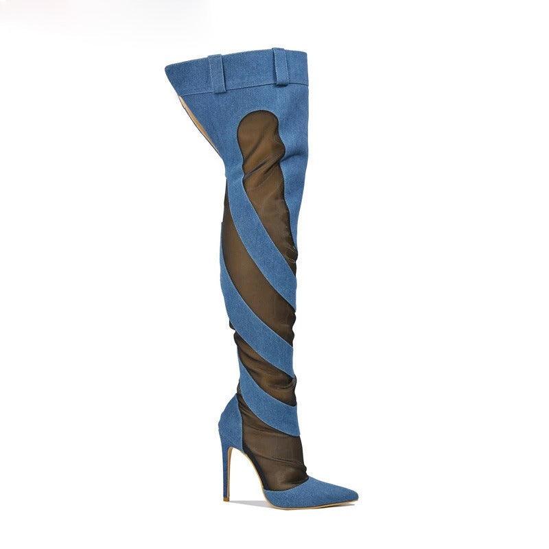 Patchwork Thigh High Knee Boots - Brazen Blue & Jet Black | Ultra High Heels