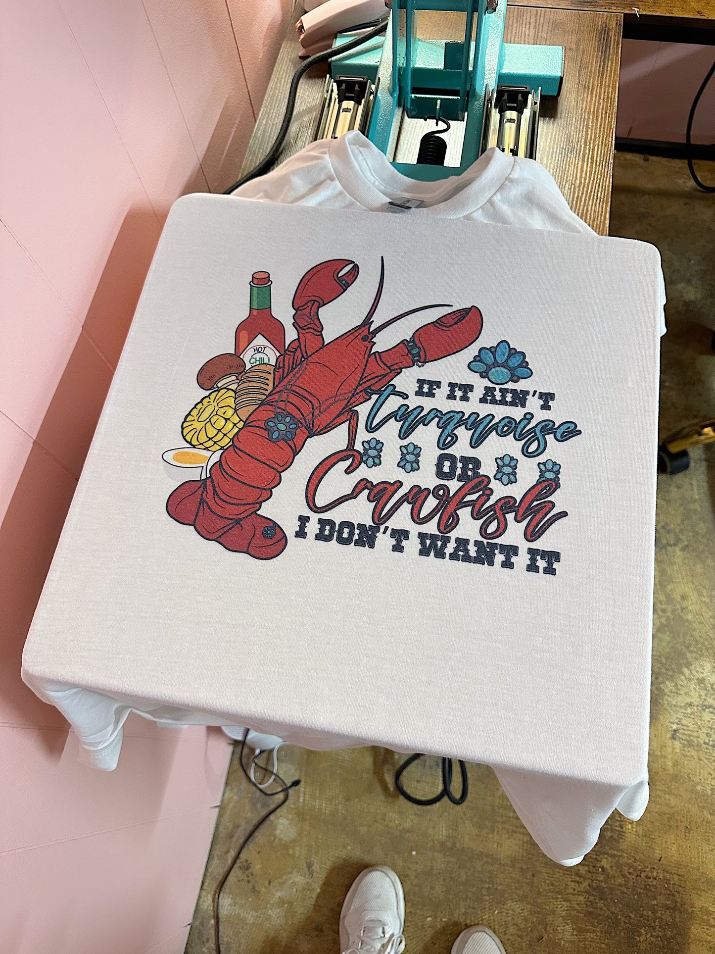 Turquoise and Crawfish TEE or CREWNECK