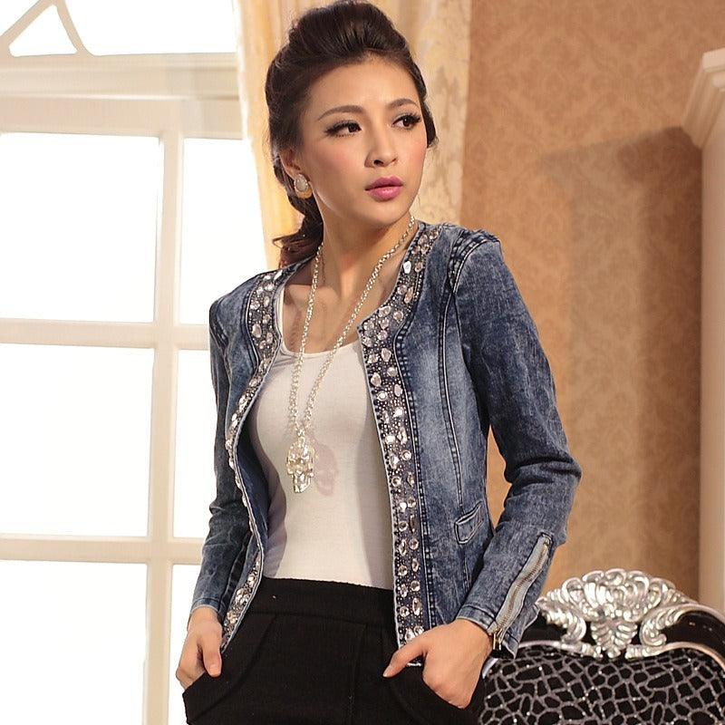 Chic Denim Retro Short Jacket with Rhinestone & Sequin Embellishment