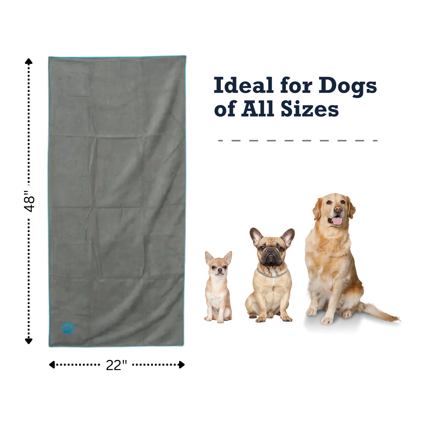 Country Living Large Gray Microfiber Dog Bath Towel with Teal Embroidered Paw Print