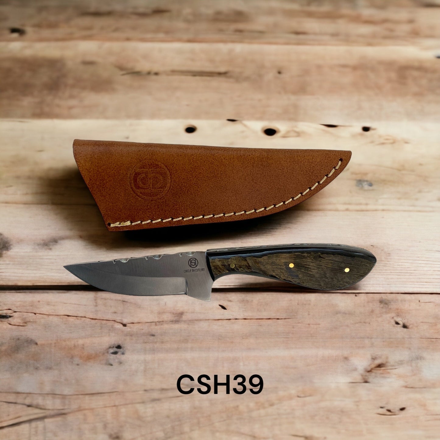 CIRCLE SH KNIFE 7" STAINLESS BLADE RAM HORN HANDLE W/LEATHER SHEATH