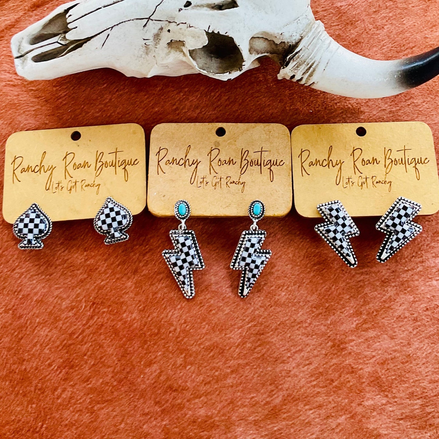 Western Lightning Bolt Checker Earrings with Turquoise Accent