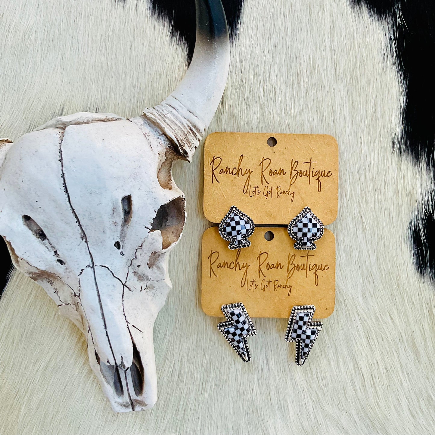 Checker Pattern Thunder Stud Western Earrings