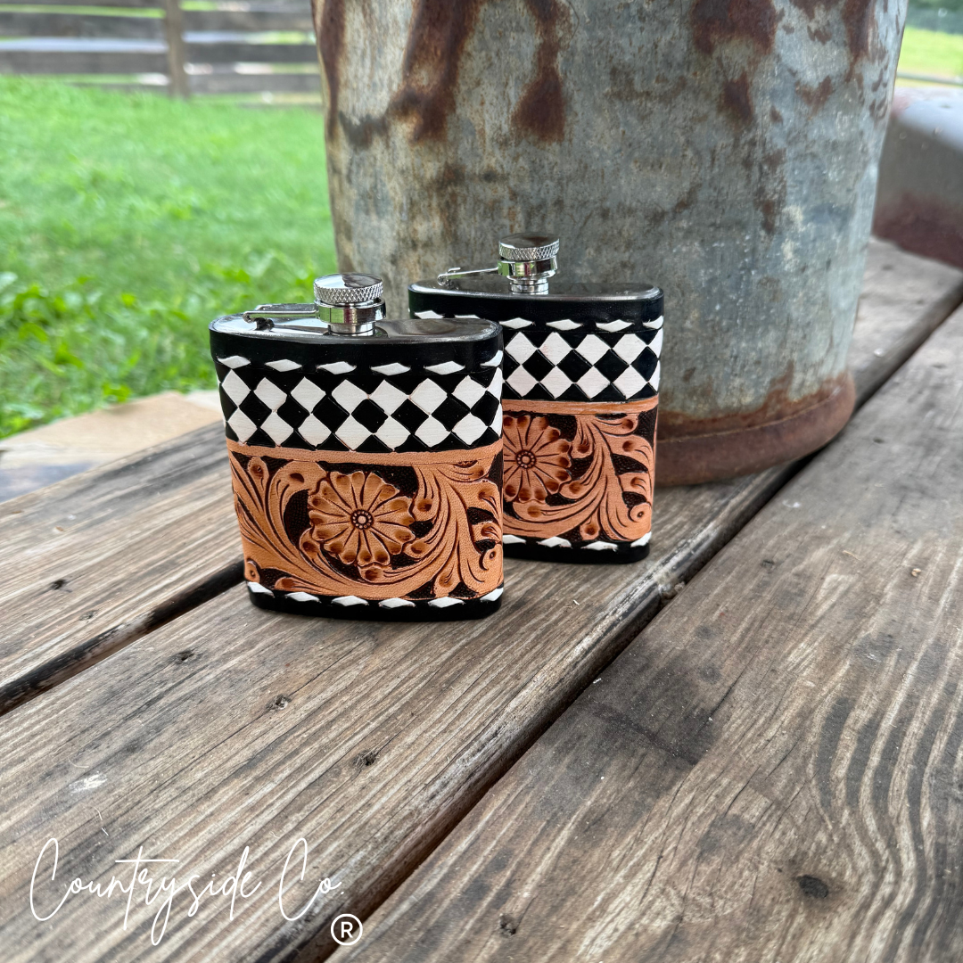 River Check Tooled Leather Flask