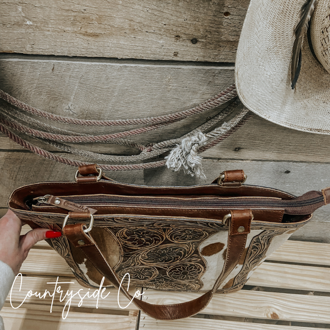 Lucille Conceal Carry Cowhide and Tooled Leather Tote Bag
