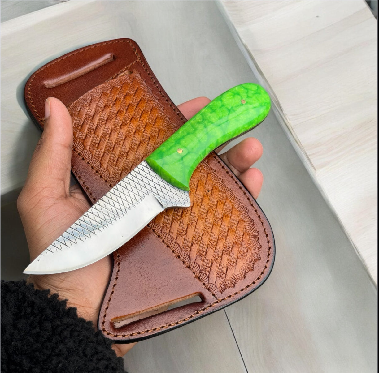 Cowboy Knife Sheath – 8" Rasp Tool Steel Blade with Parrot Resin Handle & Western Leather Pancake Sheath