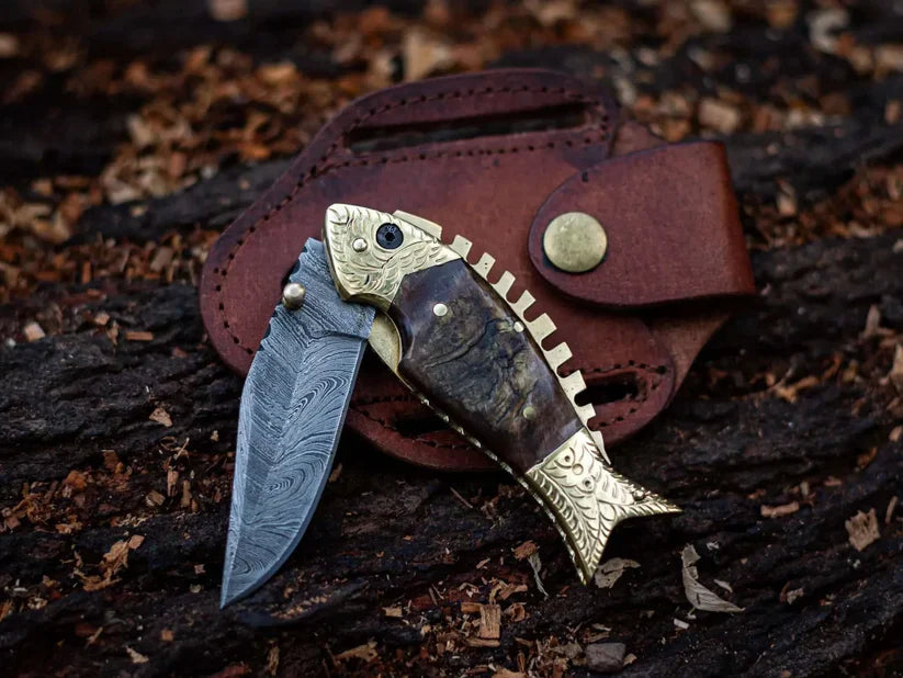 Custom Handmade Fish Style Damascus Steel Folding Knife with Sheep Horn & Brass Handle - Includes Leather Sheath