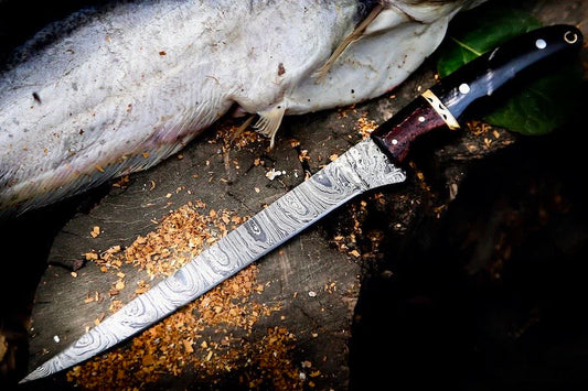 Handmade Damascus Fillet Knife 13” – Buffalo Horn, Rosewood & Brass Handle with Leather Sheath