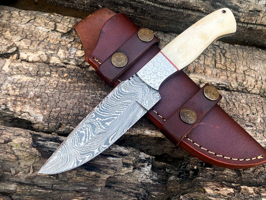 Custom Handmade Damascus Bushcraft Knife – Camel Bone Handle
