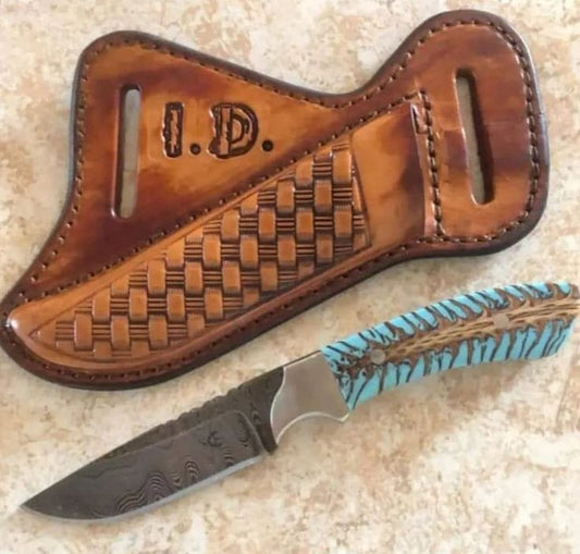 Custom Handmade Damascus Steel Belt Knife – Pine Cone Resin Handle & Leather Sheath for Fall Adventures
