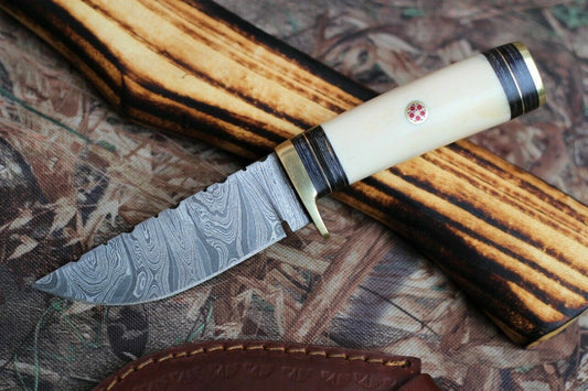 Custom Handmade Damascus Camping Knife with Camel Bone Handle