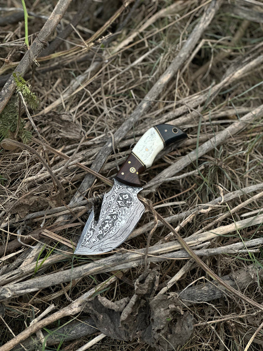 Custom Handmade Damascus Steel Guthook Skinning Knife with Rosewood, Camel Bone & Black Sheet Handle - 7.5” with Leather Sheath