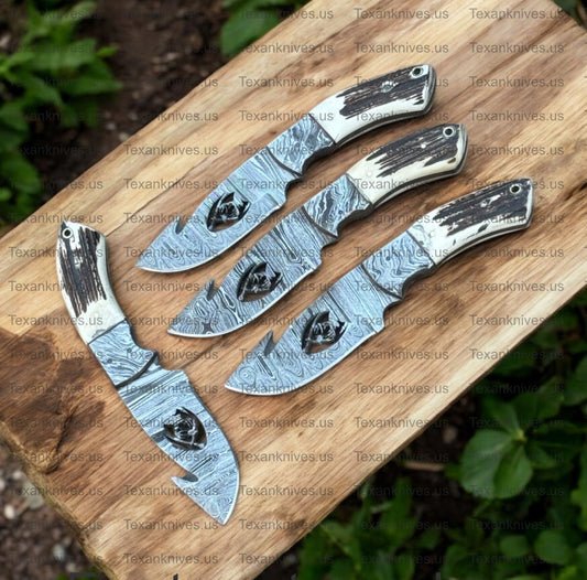 Custom Handmade Guthook Hunter Knife | Damascus Steel & Stag Horn Handle