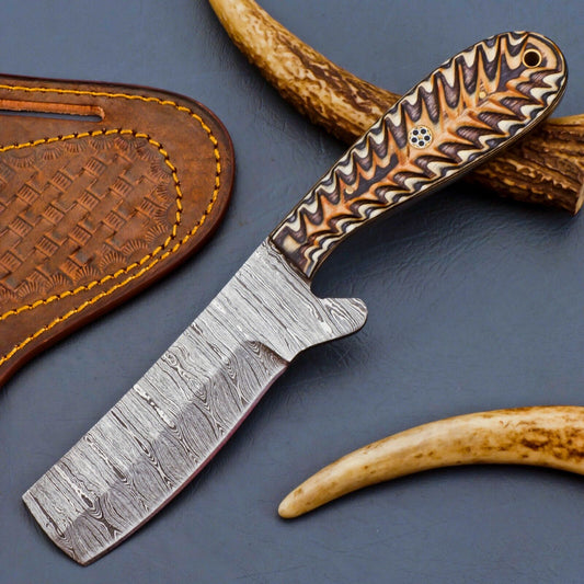 Cowboy Bull Cutter Knives – Handmade Damascus Steel with Pakka Wood Handle & Leather Sheath
