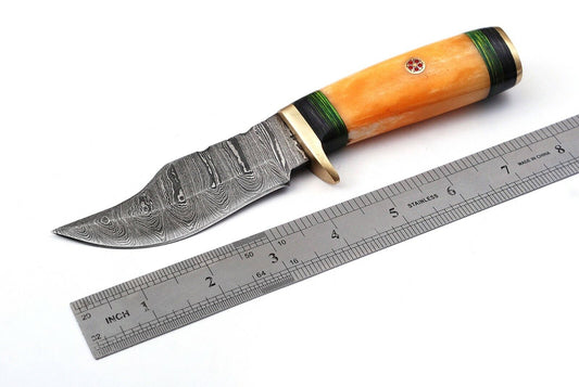 Custom Handmade Damascus Skinning Knife with Camel Bone Handle – Perfect Gift for Hunters