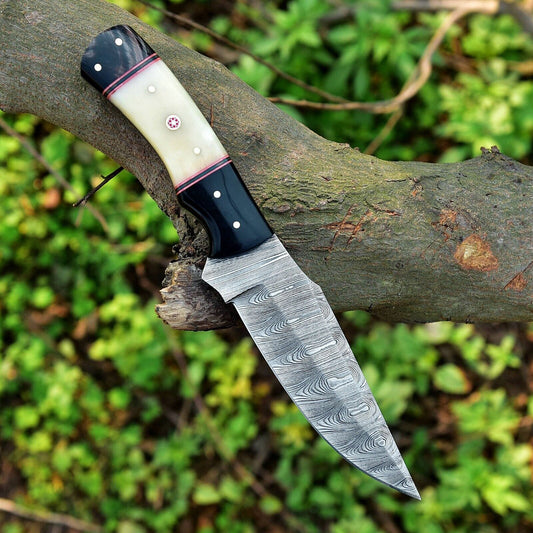 Custom Handmade Skinning Knife Set - 4.5" Damascus Blade, Camel Bone & Resin Handle
