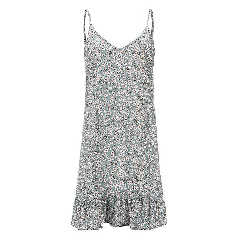Floral Print Summer Dress Spaghetti Strap Mini Dress Ruffled
