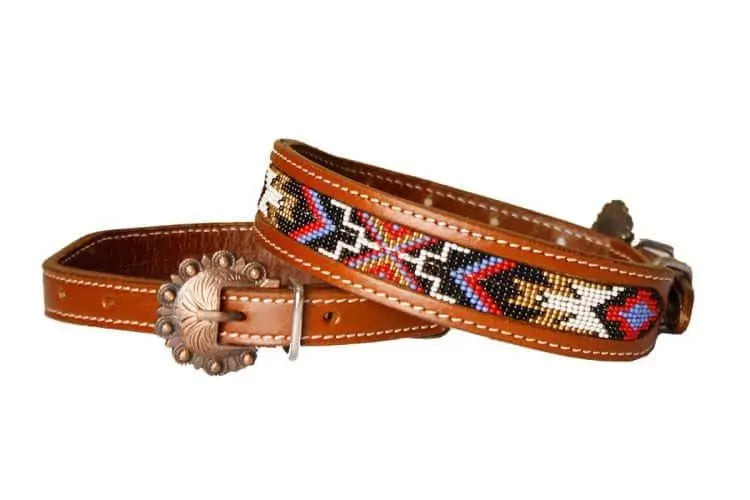Genuine leather dog collar with red, black, periwinkle, white, and gold southwest beaded inlay design