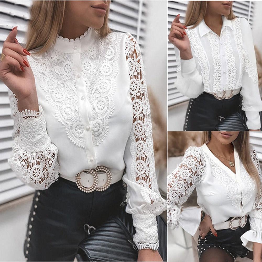 Stylish White Lace Long Sleeved Cut Out Shirt
