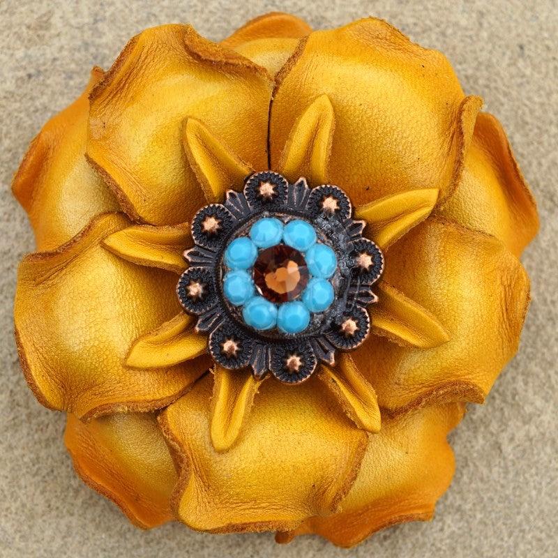 Yellow Gardenia Flower With Copper Topaz & Turquoise 1" Concho
