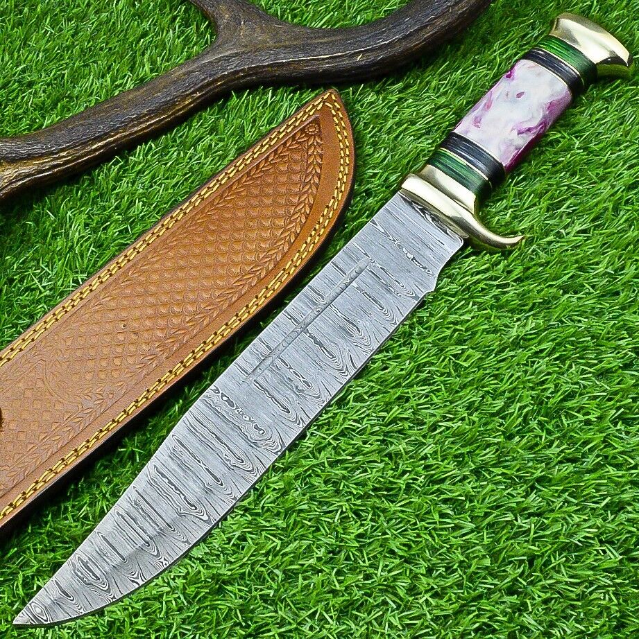 Damascus Steel "The Bowie" Knife - 16" with Brass Guard and Resin Pakkawood Handle, Leather Sheath Included