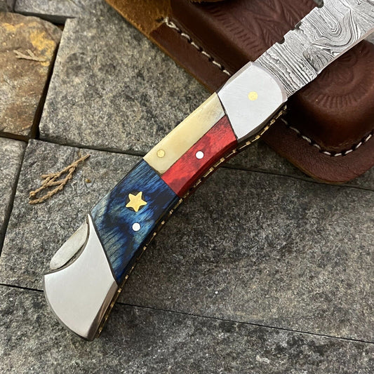 Damascus Steel Pocket Knife with Texas Flag Handle – 3" Blade, Leather Sheath