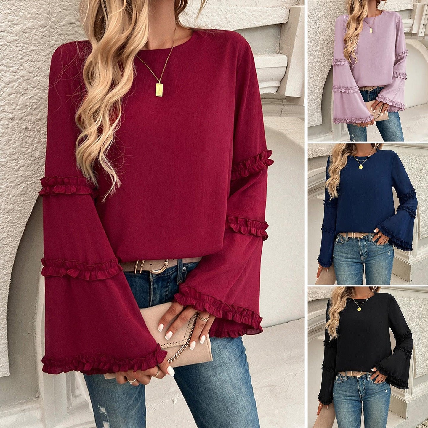 Elegant Socialite Trumpet Sleeved Top – Stylish Ruffled Blouse for Trendy Women