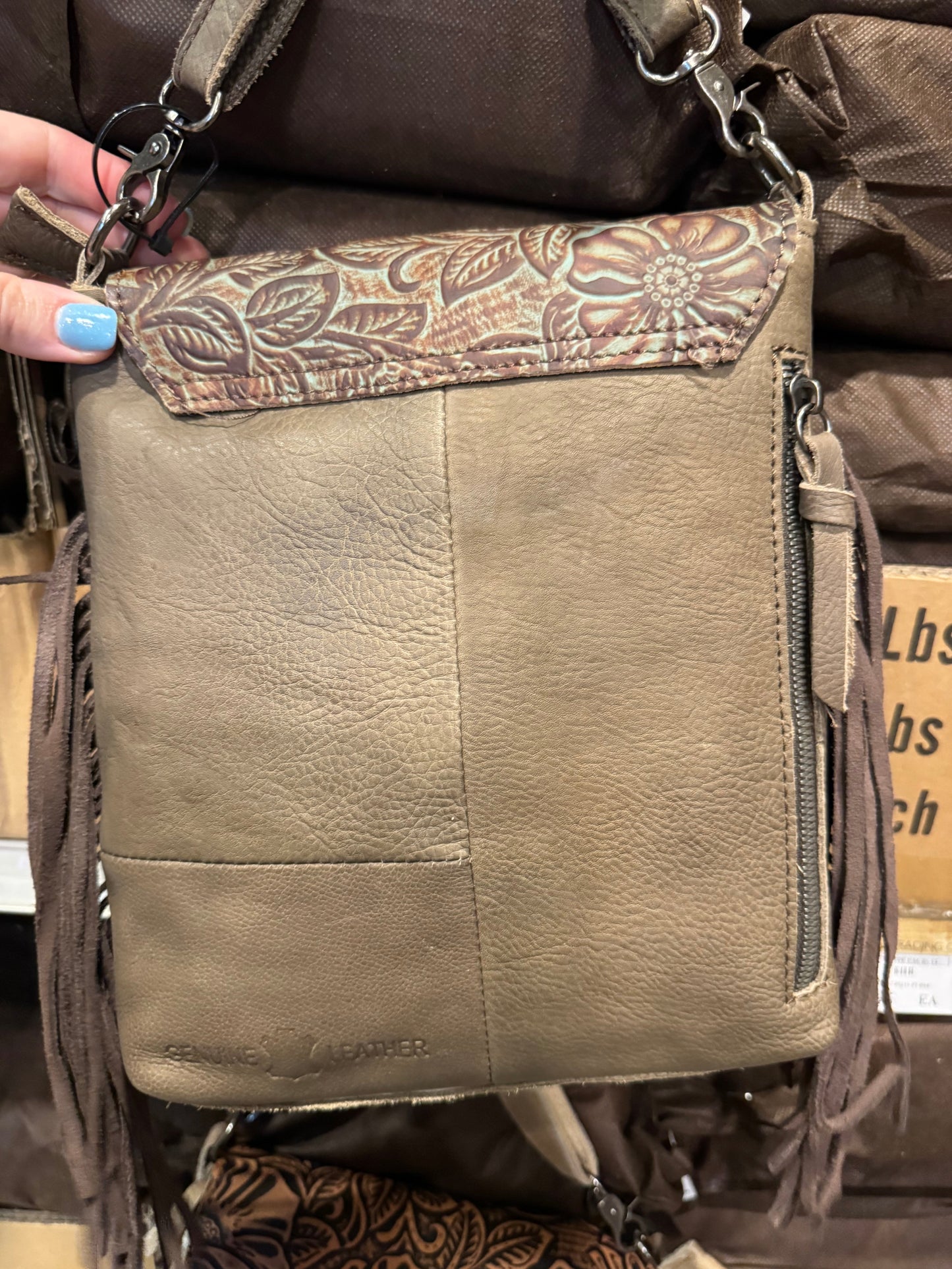 BA2825 Tooled Floral Flap Cowhide Crossbody Purse