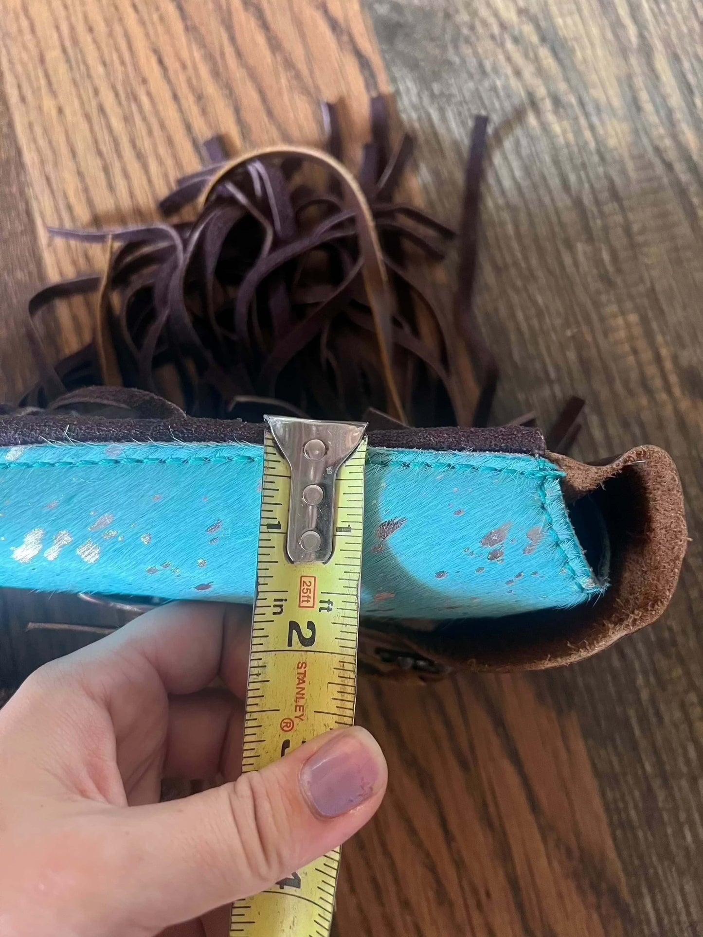 Acid Wash Teal Hair on Cowhide Saddle Bag Rear Cinch