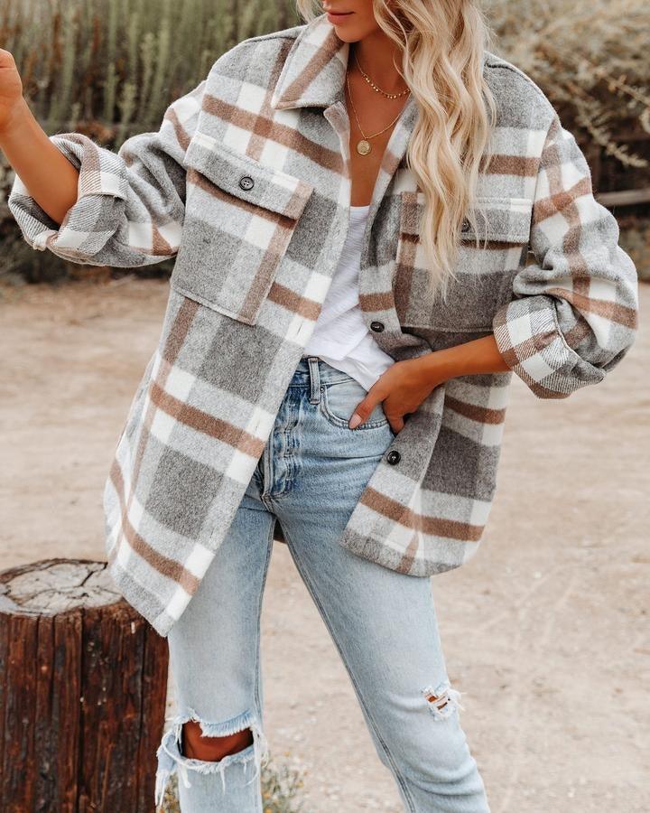 Western Charm Plaid Wool Coat - Cozy Checkered Wool Coat for Cowgirl Style Women