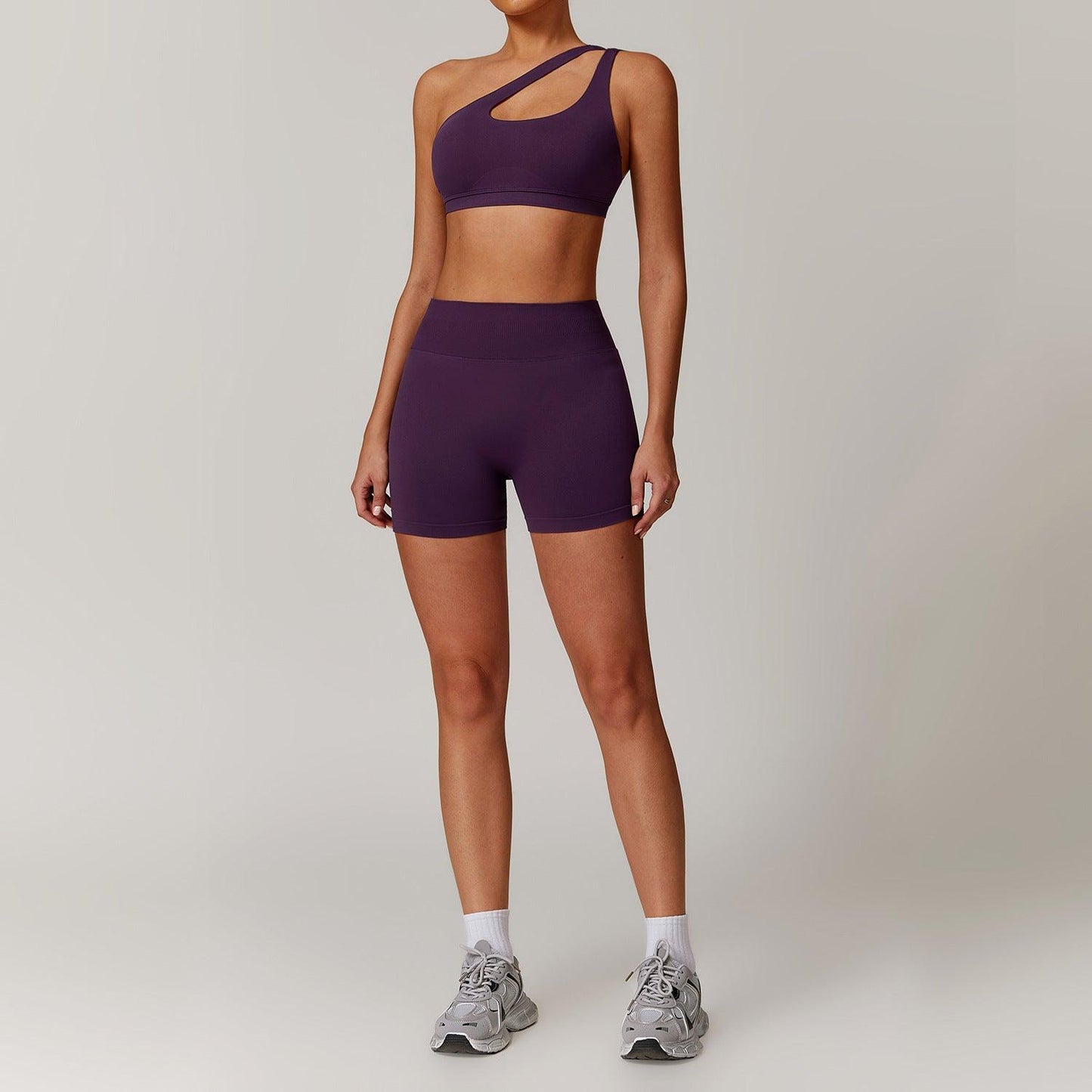 Slant Shoulder Bra + High-Waisted Shorts Yoga Set | Country Girl Fitness Outfit