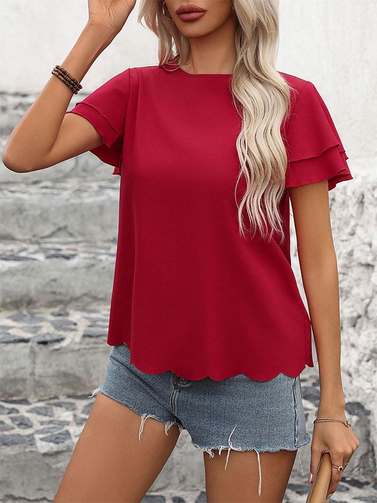 Lotus Blossom Ruffle Top - Stylish Red Double-layer Lotus Leaf Sleeve Blouse