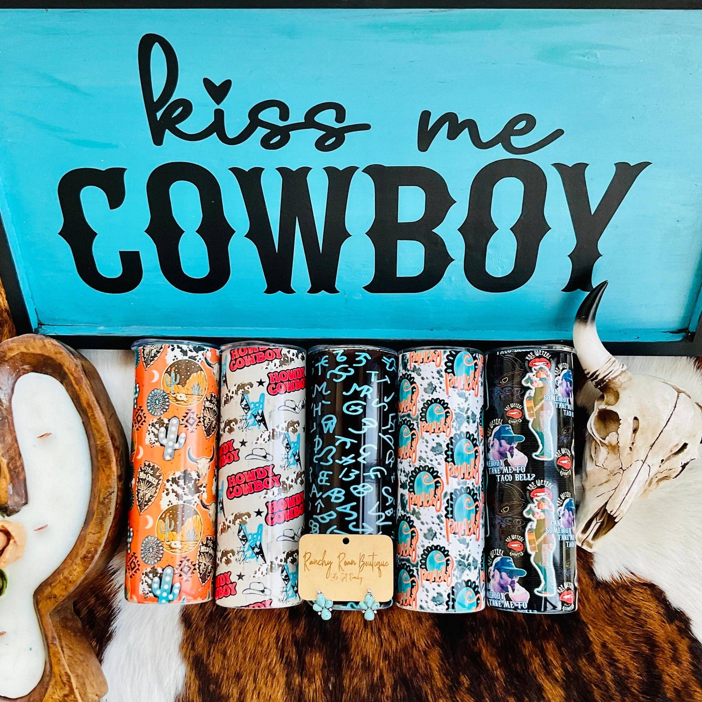 Punchy Turquoise Cowhide Western 20oz Skinny Tumbler