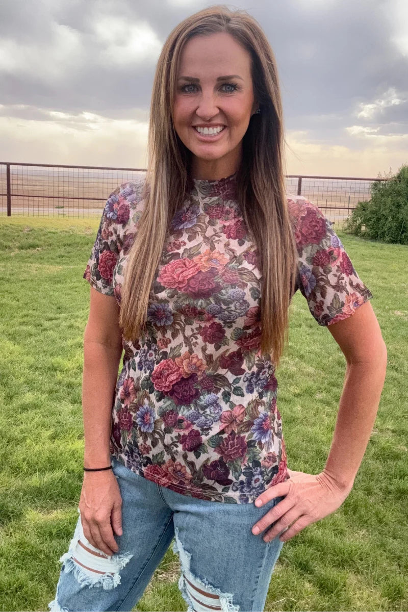 Vintage Floral mesh short sleeve top