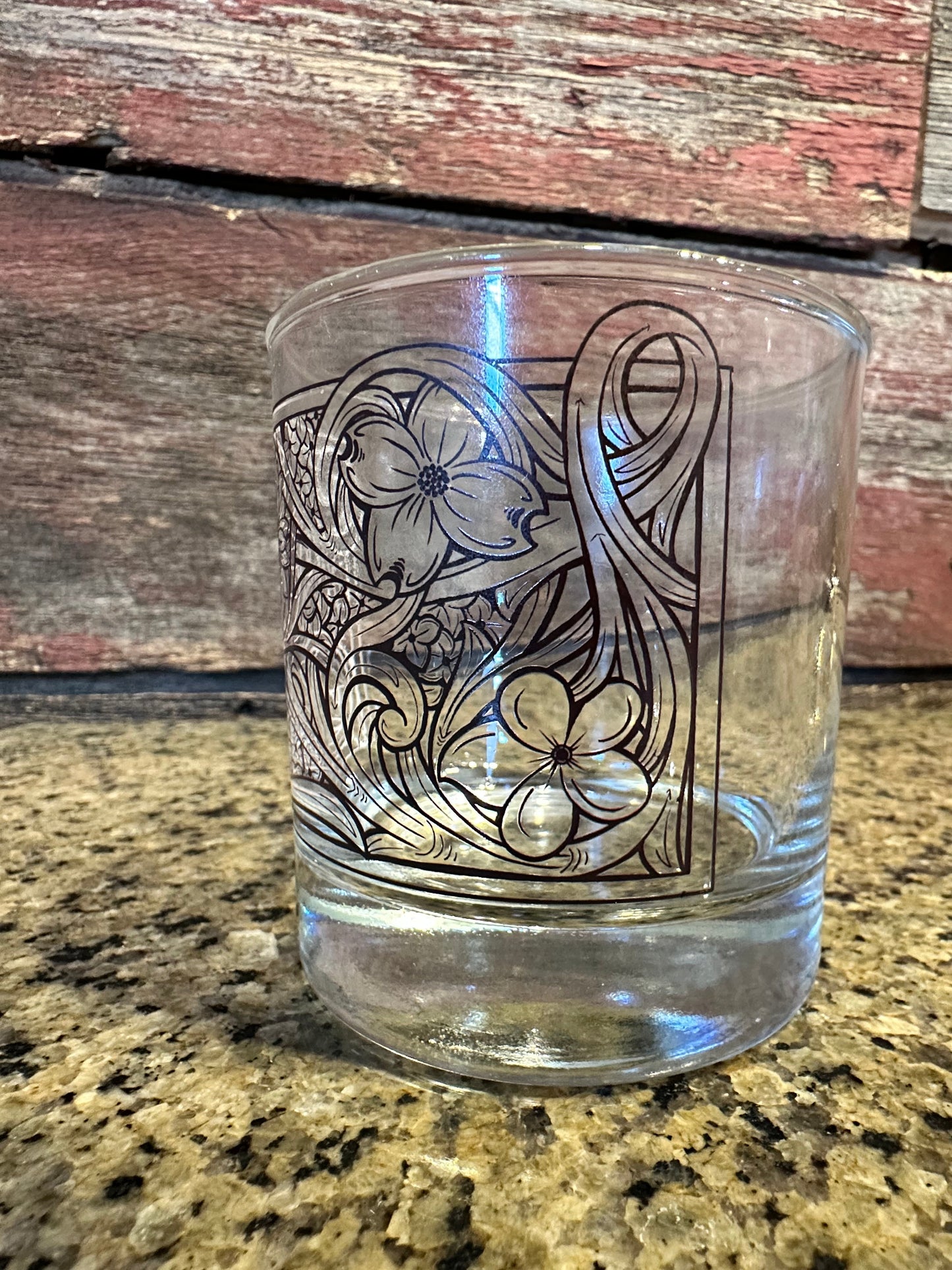 On the Rocks Glass floral tooled design