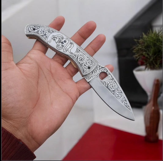 Hand Engraved J2 Steel Pocket Knife – 7.5" Folding EDC with Leather Case