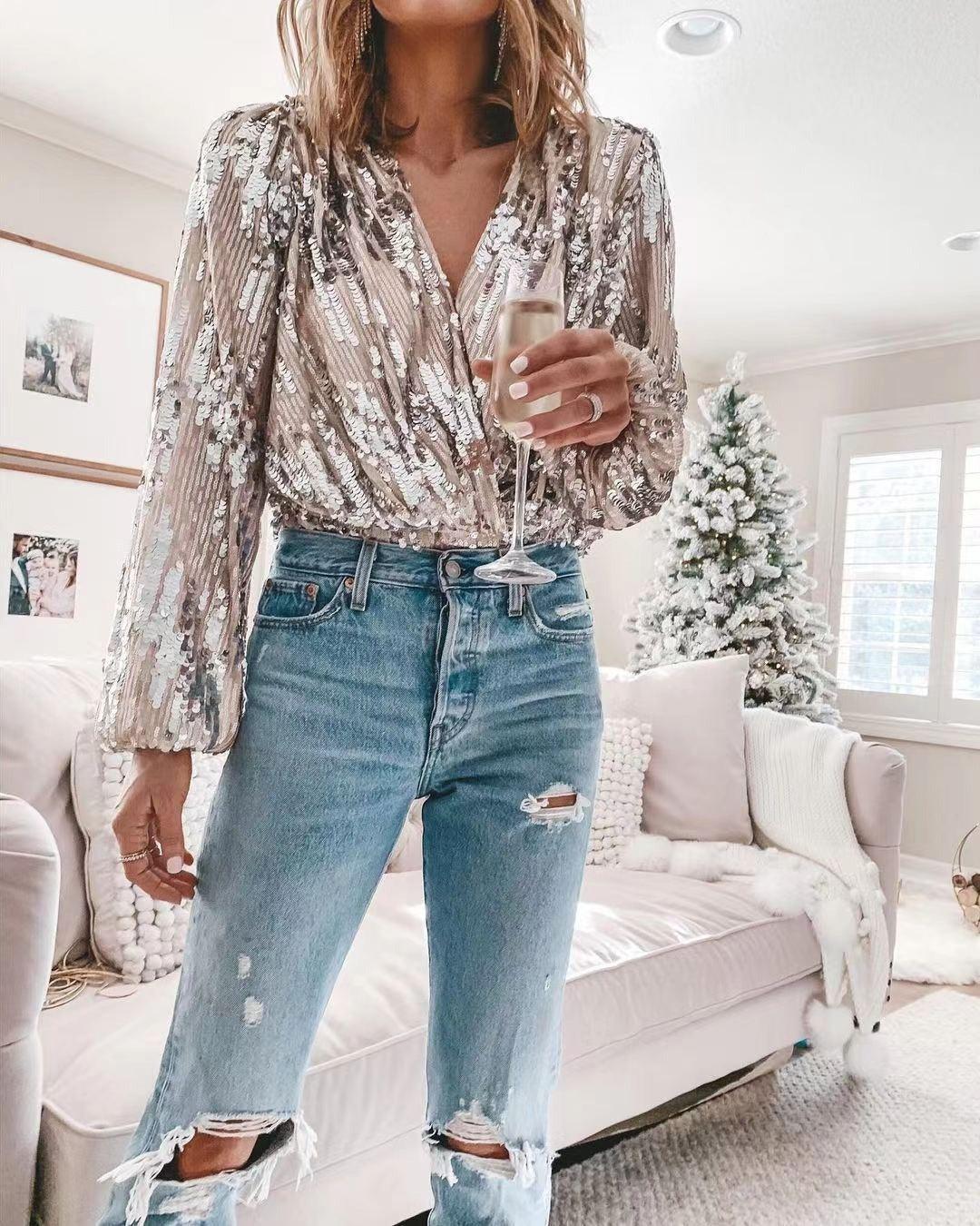 Sophisticated V-Neck Long Sleeved Sequin Top