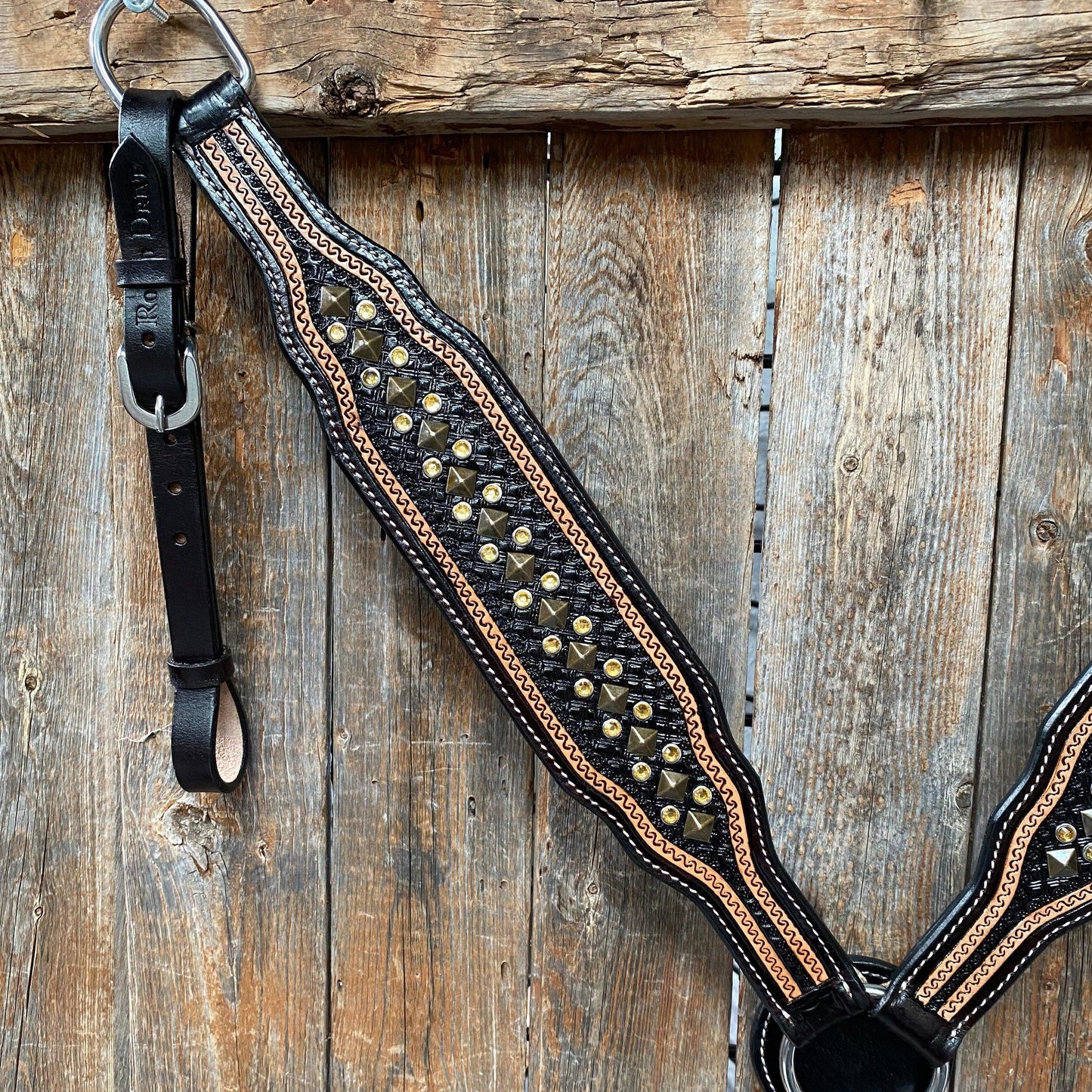 Two Tone Leather - Brass Studded Breastcollar #FK118
