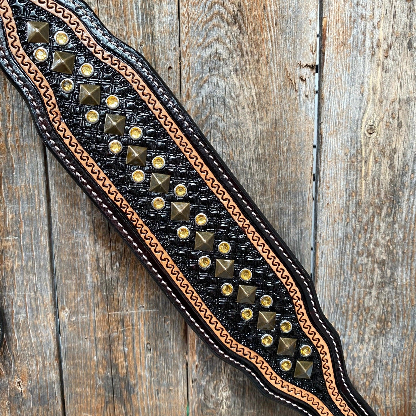 Two Tone Leather - Brass Studded Breastcollar #FK118