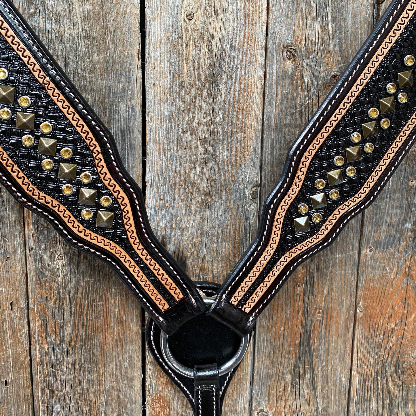 Two Tone Leather - Brass Studded Breastcollar #FK118