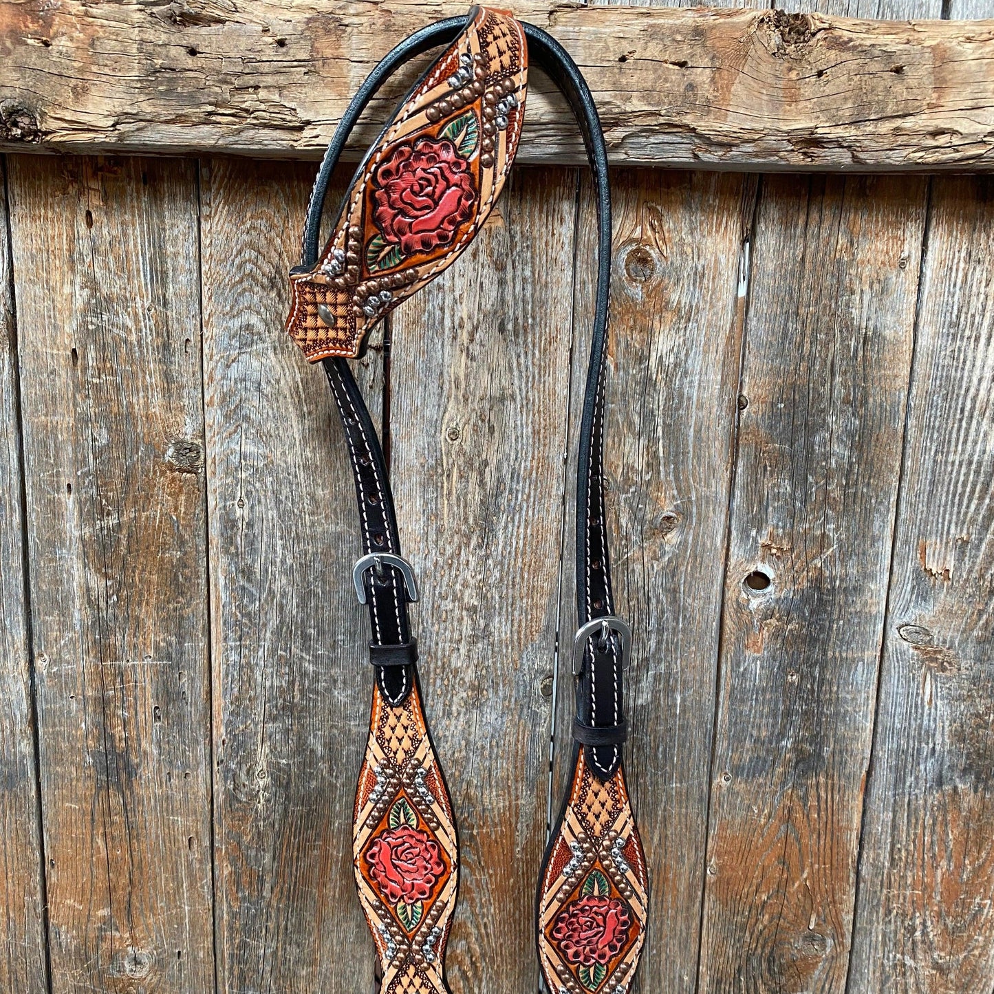 Light Oil Hand Painted Rose One Ear Headstall / Bridle #FK124