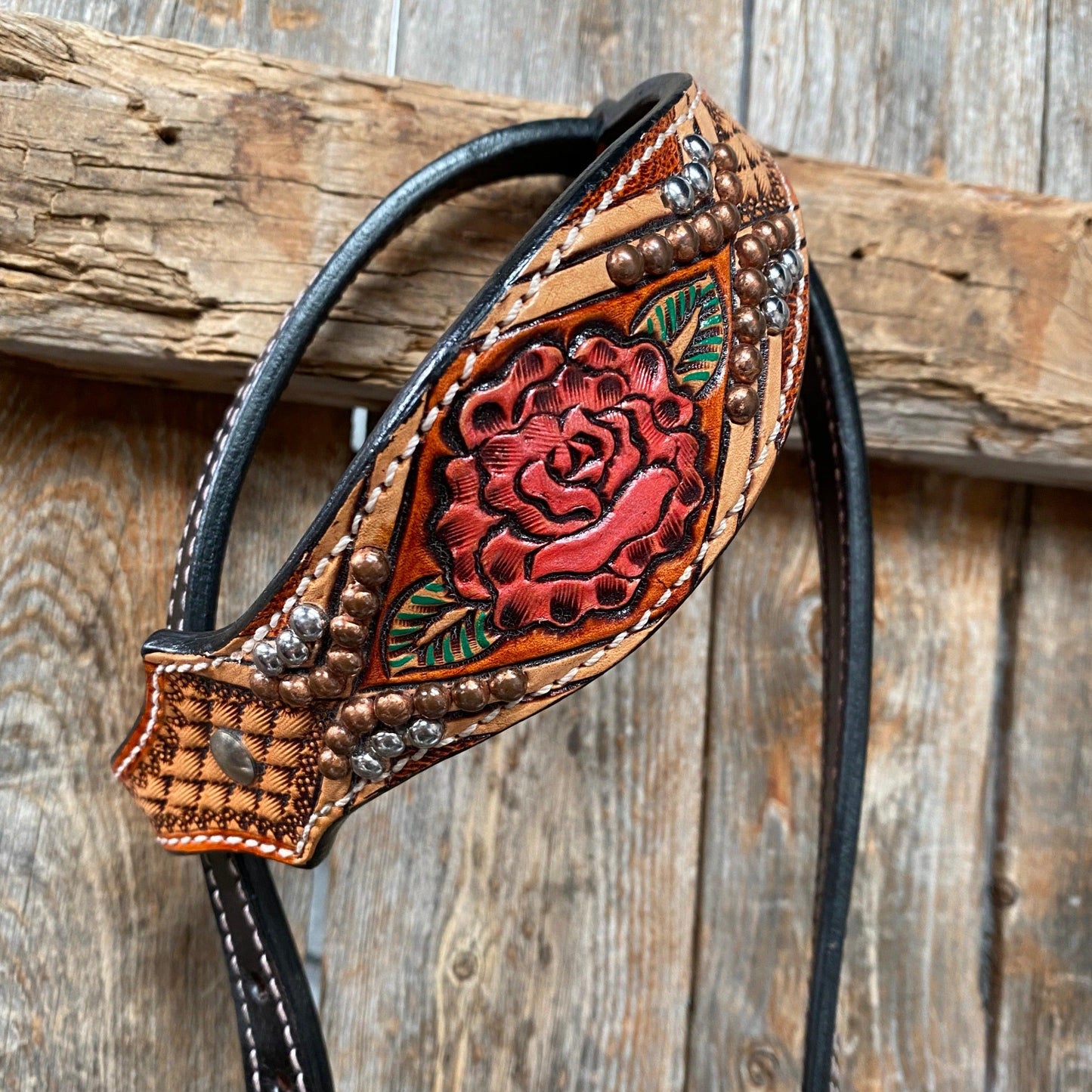Light Oil Hand Painted Rose One Ear Headstall / Bridle #FK124