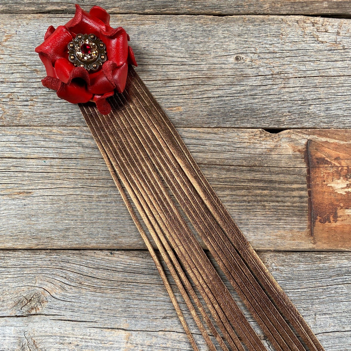 Leather Red Rose with Copper Fringe