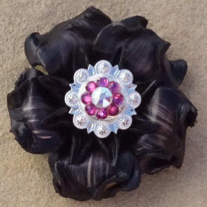 Black Gardenia Flower With Bright Silver Fuchsia and AB 1" Concho