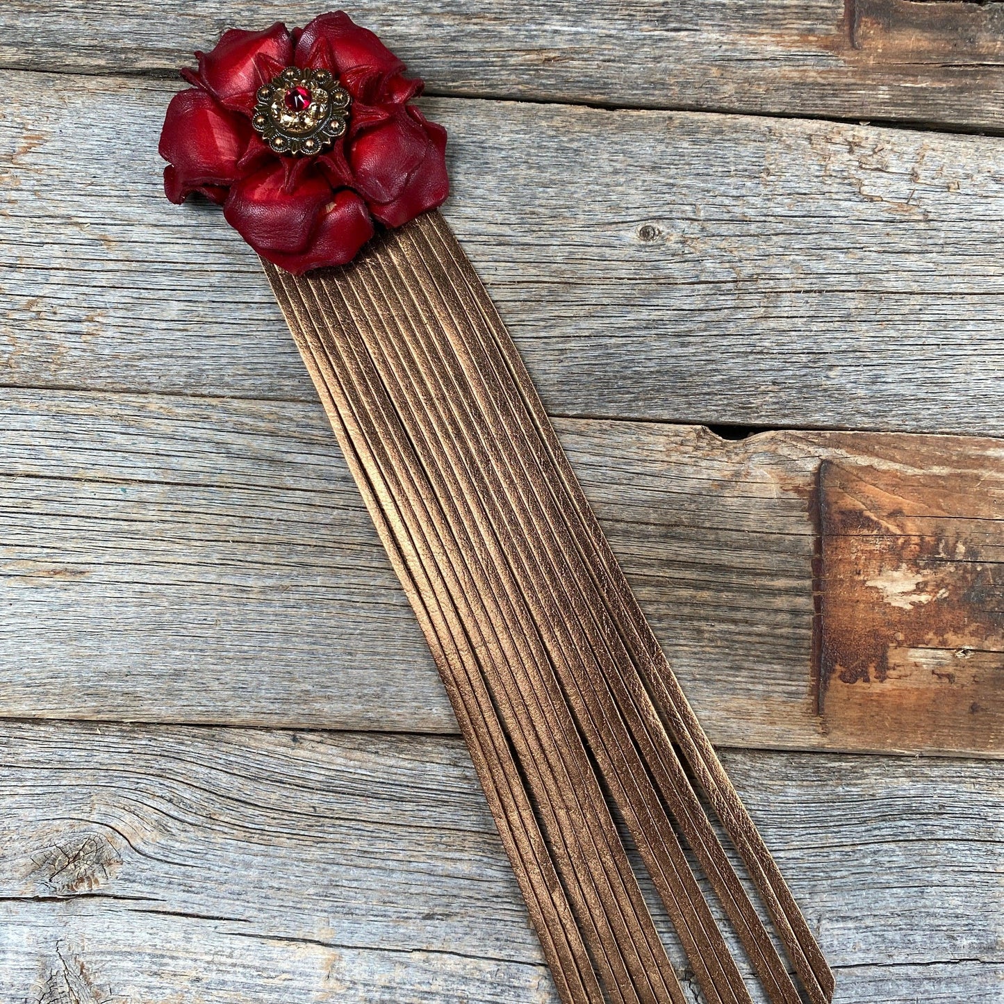 Leather Red Gardenia with Copper Fringe