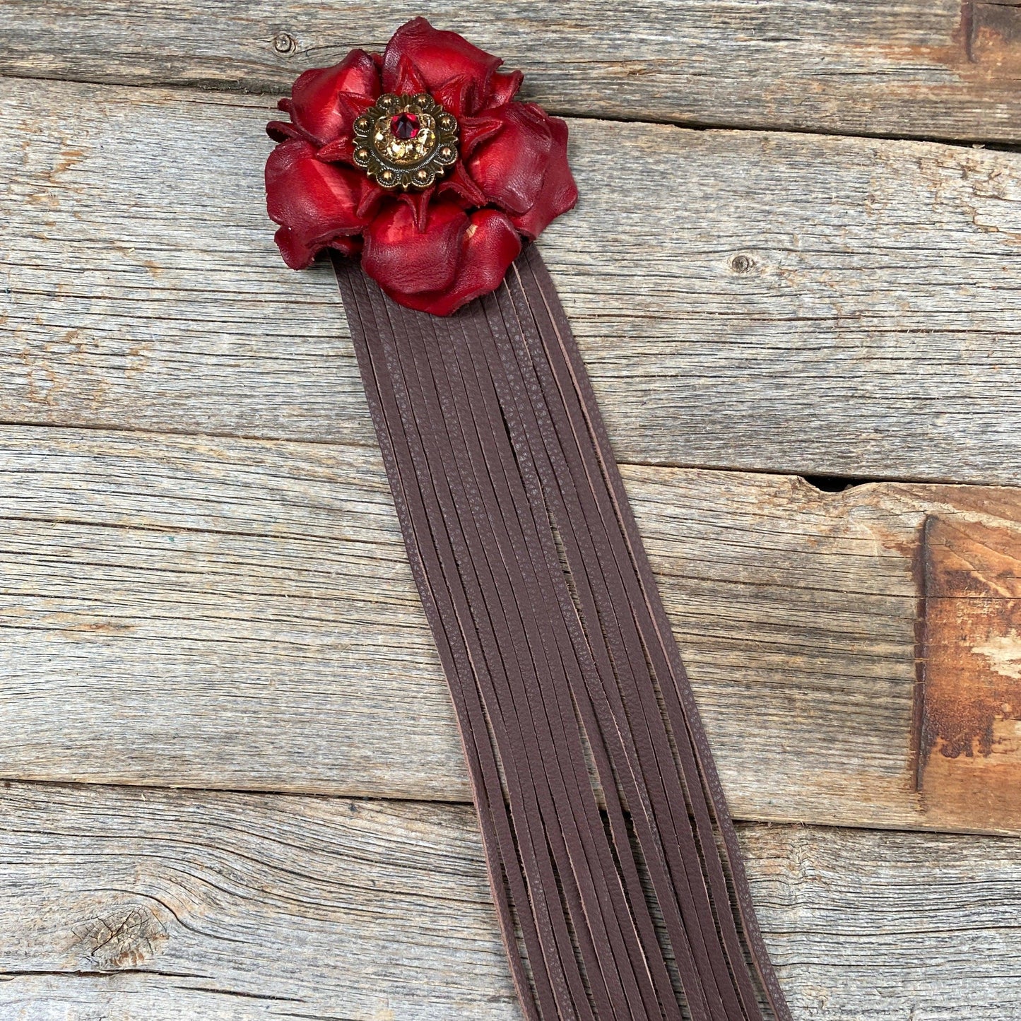 Leather Red Gardenia with Brown Fringe