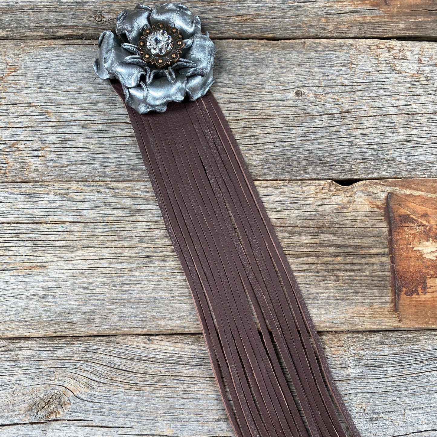 Leather Silver Gardenia with Brown Fringe