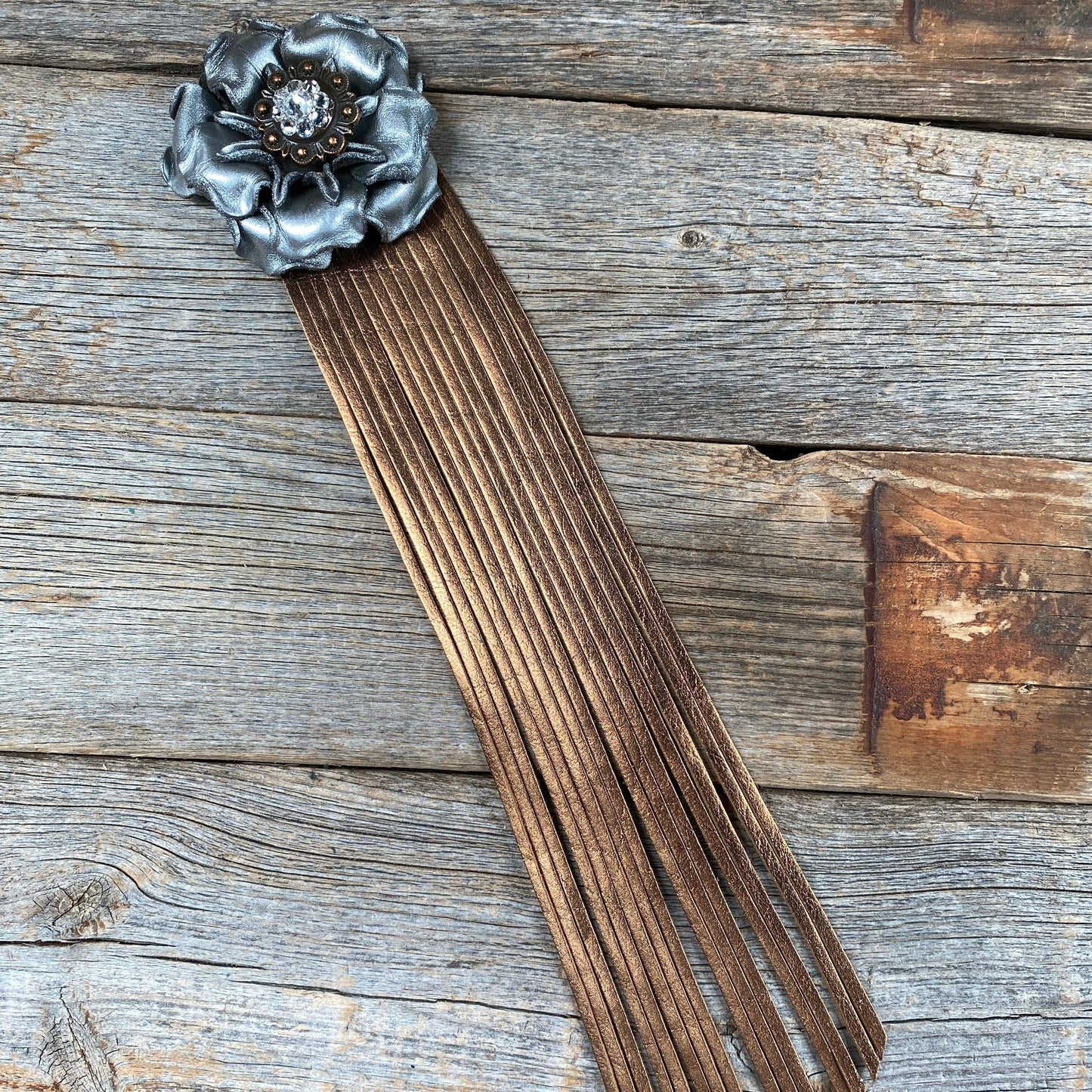Leather Silver Gardenia with Copper Fringe