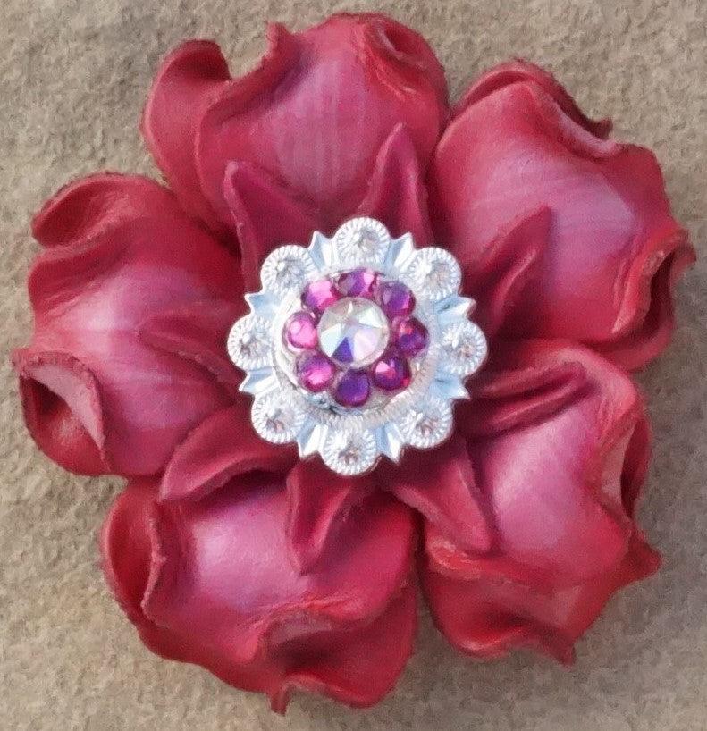 Pink Gardenia Flower With Bright Silver Fuchsia and AB 1" Concho