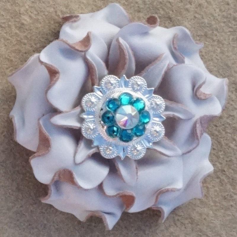 White Gardenia Flower With Bright Silver Teal and AB 1" Concho